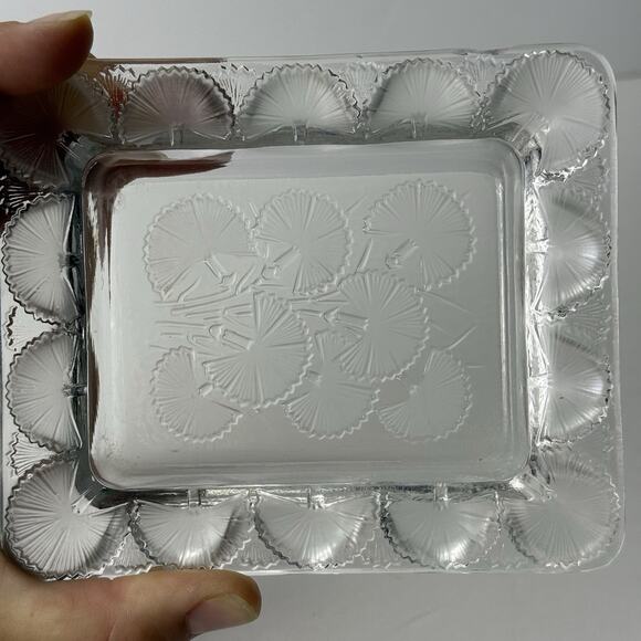 Vintage LALIQUE Clear Rectangular Glass Bluets Tray Dish Signed